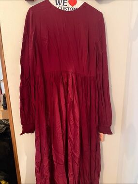 Long Sleeve Burgundy Pleated Midi Dress
